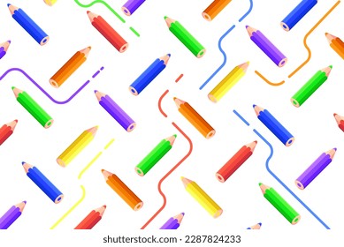 Pencils vector pattern illustration. Different colors pencils with lines on the light background.