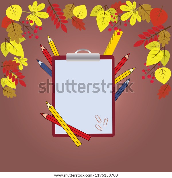 Pencils, writing pad, clips and ruler on brown\
background with autumn colourfull leaves and berries. Autumn\
learning concept. Back to\
school