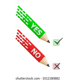 Pencils with Yes and No text. Vector illustration. Colored pencils on white background with shadow.