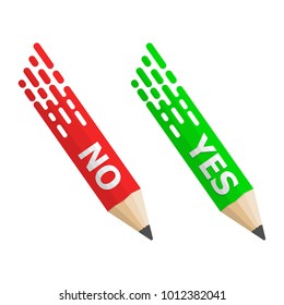 Pencils with Yes and No text. Vector illustration. Colored pencils on white background with shadow.