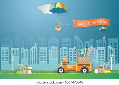 PENCILS,RULER,ERASER in the wooden basket and tied with white rope parachute from the sky and mini truck with three wheels coming to the city.Back to school education concept ,vector and illustration.