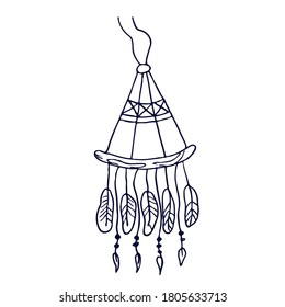 Pendant con plumas de pájaro al estilo boho. Ilustración vectorial en el estilo Doodle. Objeto aislado sobre un fondo blanco.