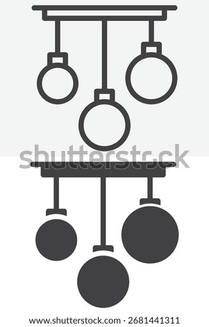 Pendant ceiling lamp different style icon pack. Line and glyph version, outline and solid vector symbol. Editable stroke ceiling light icon set.