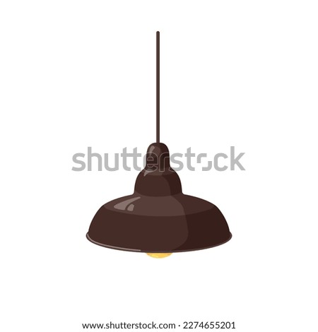 Pendant ceiling lamp. Electric light with suspended metal shade, hanging on cord. Chandelier, home illumination in modern retro style. Flat cartoon vector illustration isolated on white background