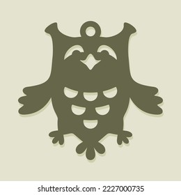 Pendant with a cheerful flying bird. Little owl as a decoration of the Christmas tree, the walls of the children's room. Template for plotter laser cutting of paper, metal engraving, wood carving, cnc