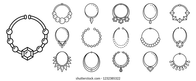 Pendant Diamond Jewelry Icon Set. Outline Set Of Pendant Diamond Jewelry Vector Icons For Web Design Isolated On White Background