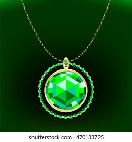 Pendant with emerald on a gold chain. Vector illustration.