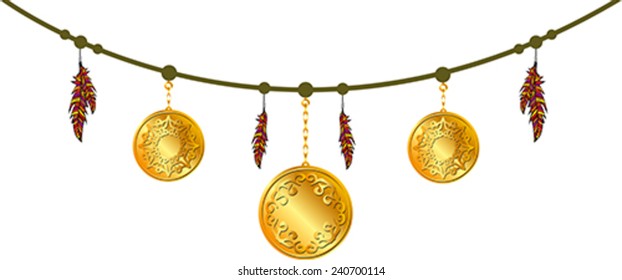 pendant with feathers and gold medallions