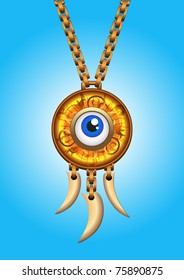 Pendant - gold magic amulet with blue eye. EPS10 vector format