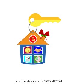 Pendant house and key. Keychain with key ring. The concept for real estate agents and agencies, sale and rent of a house and buyer or customer. Vector illustration. Clipart and drawing.