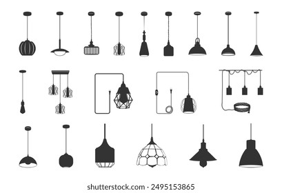 Pendant lamps silhouette, Ceiling lamp silhouette, Pendant lamp logo, Lamp silhouette, Pendant light icon, Ceiling lamp icon, Pendant lamps vector set. 
