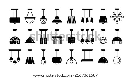 Pendant lamps. Vector flat silhouette icon set. Different types of exterior, interior ceiling lights and chandeliers. Modern and vintage lighting fixtures. Isolated objects on white background