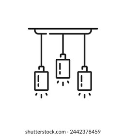 Icono de línea de lámparas led colgantes o focos de techo, accesorio de luz e iluminación en contorno vectorial. Lámparas de punto colgantes o linternas de foco para el interior del hogar, iluminación nocturna e iluminación de la habitación