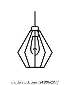 Pendant light or ceiling lamp line icon for home lighting fixture in outline vector. Hanging lamp light with lightbulb and lampshade of metal wire frame, interior design element and house illumination