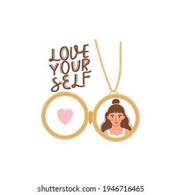 Pendant necklace with photo and heart. Self care, self acceptance, love yourself concept. Lettering with accessory. Vector typography print for card, poster, t-shirt, badges, sticker etc.