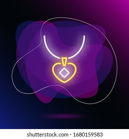 Pendant neon sign. Heart shaped jewel on brick wall background. Vector illustration in neon style for topics like jewelry, love, gift