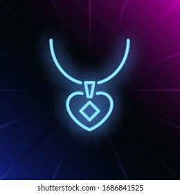 Pendant neon sign. Heart shaped jewel on brick wall background. Vector illustration in neon style for topics like jewelry, love, gift