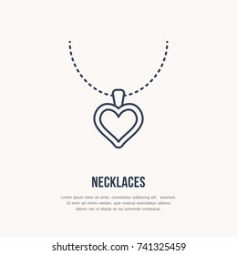 Pendant on chain jewelry illustration. Flat line icon for jewels repair service, jewellery store logo.