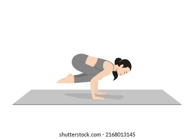 Pendant Pose. Beautiful girl practice Lolasana, Utpluthi. Young attractive woman practicing yoga exercise. working out, black wearing sportswear, grey pants and top, indoor full length, calmness relax