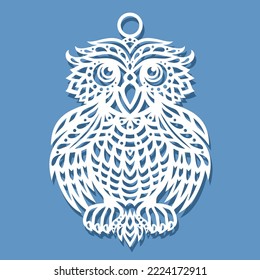 Pendant in the shape of a decorative owl. Christmas hanging toy, jewelry decoration, trinket with a bird. Template for plotter laser cutting of paper, metal engraving, wood carving, cnc. Vector image.