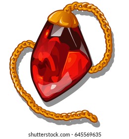 Pendant in the shape of a red gem stone garnet on a gold chain isolated on white background. Vector cartoon close-up illustration.