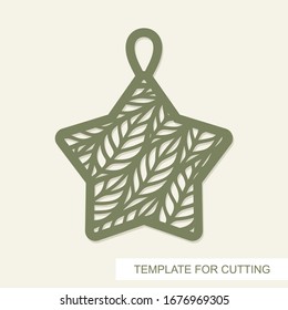 Pendant en forma de estrella con hojas adentro. Planta de apertura para corte láser, grabado metálico, tallado de madera, contrachapado, cartón, corte de papel o impresión. Ornamento floral. Ilustración vectorial.