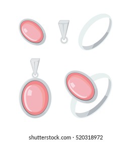 Pendant with stone, part of the pendant. Silver ring, ring with opal. Vector illustration.