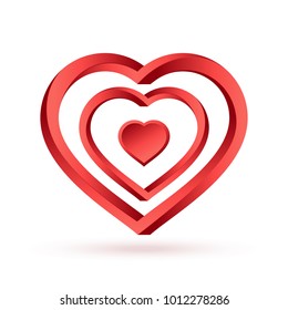 Pendant from swirled red heart borders in 3D. Conception of infinite love. Abstract swirl volumetric ribbon in heart shape. Vector illustration