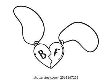 pendant symbol of friendship doodle hand drawn icon. Outline drawing friendship pendant two halves of a heart line clipart symbol. Vector illustration