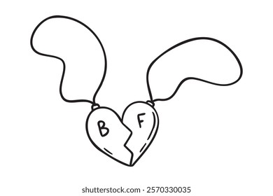 pendant symbol of friendship doodle hand drawn icon. Outline drawing friendship pendant two halves of a heart line clipart symbol. Vector illustration