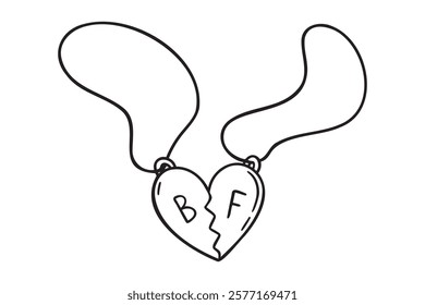 pendant symbol of friendship doodle hand drawn icon. Outline drawing friendship pendant two halves of a heart line clipart symbol. Vector illustration