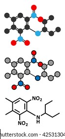 Pendimethalin herbicide molecule. Stylized 2D renderings and conventional skeletal formula.