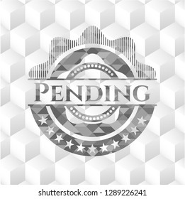 Pending realistic grey emblem with geometric cube white background