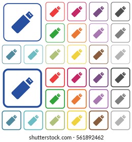Pendrive color flat icons in rounded square frames. Thin and thick versions included.
