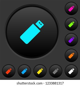 Pendrive dark push buttons with vivid color icons on dark grey background