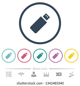 Pendrive flat color icons in round outlines. 6 bonus icons included.