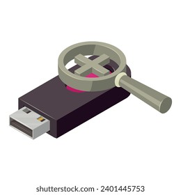 Pendrive icon isometric vector. New portable flash drive and magnifying glass. Storage device, modern technology