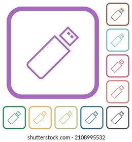 Pendrive outline simple icons in color rounded square frames on white background