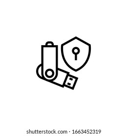 Pendrive security vector icon in linear, outline icon isolated on white background