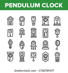 Vector de conjunto de iconos de colección de dispositivos de reloj de péndulo. Vintage Y Moderno Reloj Pendular Con Marcado Círculo Y Cuadrado, Concepto De Equipo Temporizador Concepto Pictogramas Lineales. Ilustraciones de contorno monocromo