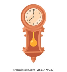 Pendulum clock in flat design. Vintage classic wooden clock for wall. Vector illustration isolated.