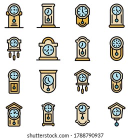 Iconos de reloj de péndulo. Conjunto de esquemas de iconos vectoriales de reloj de péndulo color de línea delgada plano sobre blanco
