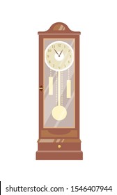 Pendulum clock vector illustration. Vintage timepiece colorful flat design element. Old-fashioned chimes, retro interior item. Antiquarian wooden watch isolated on white background.