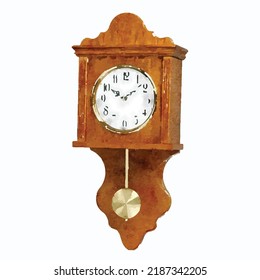 Pendulum clock vector. Wall Clock on white background. Wooden watch picture. Retro watch hand drawn. Vintage watch illustration. Rustic home. Watercolor. Picture for logo, greeting card and design.
