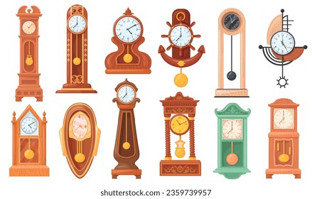 Relojes de péndulo. Reloj antiguo de caricatura para la pared del salón del abuelo, reloj viejo elegante reloj de madera vintage cuco relojes, reloj de precisión tiempo histórico de tiempo limpio ilustración vectorial de reloj antiguo