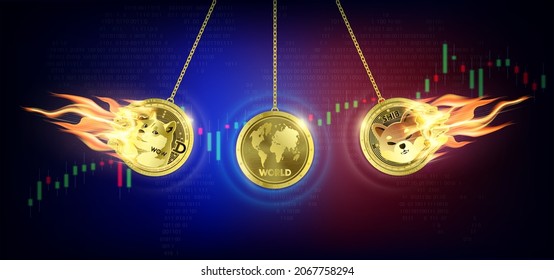 Pendulum gold coin Dogecoin and Shiba inu motion bumps world. Crypto currency. Stock market growth competition Big data information mining technology. Internet electronic payment futuristic. 3D vector