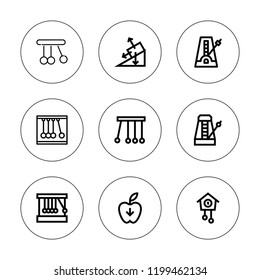 Pendulum icon set. collection of 9 outline pendulum icons with cuckoo clock, gravity, metronome, newton cradle, newton icons. editable icons.