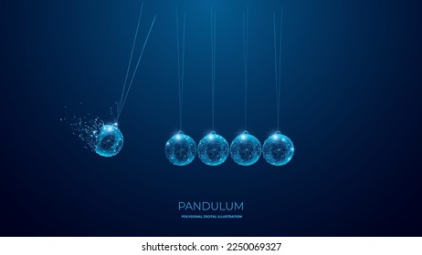 Pendulum Newton Cradle or Balancing Balls. Polygon digital isolated vector image on dark background. Technology science concept. EPS10. 