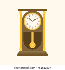 pendulum wooden retro clock, flat design illustration