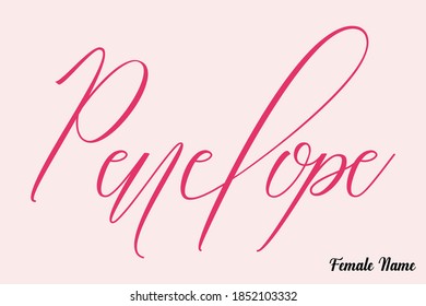 Penelope-Female Name Brush Calligraphy Dork Pink Color Text on Pink Background 